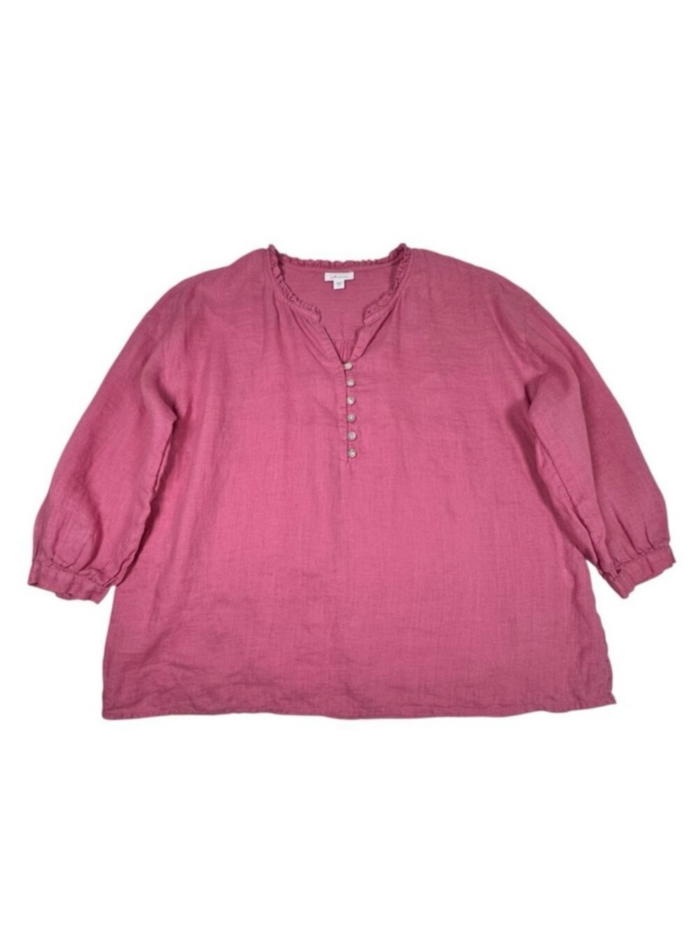 J. Jill Love Linen Top SZ M Pink Half Placket Ruffle Long Sleeve Lagenlook